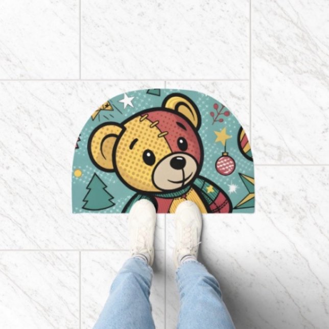 Whimsical Patchwork Christmas Teddy Bear Doormat (Non-slip D: 18.25" x27" smooth fleece sturdy latex backing. Indoor/outdoor areas. 
)