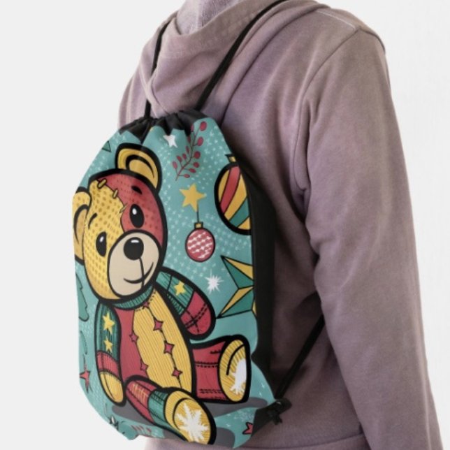 Whimsical Patchwork Christmas Teddy Bear Drawstring Bag (Made from 100% polyester constructed with reinforced black trim,  solid black back. 
)