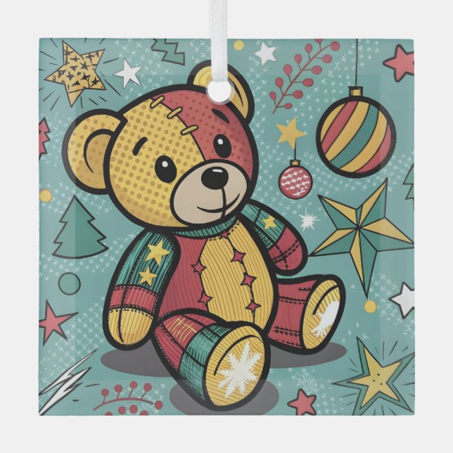 Whimsical Patchwork Christmas Teddy Bear Glass Ornament (Front)