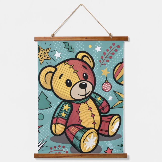 Whimsical Patchwork Christmas Teddy Bear Hanging Tapestry (Front)