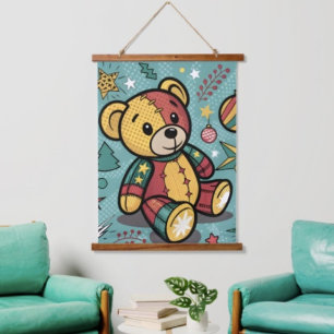 Whimsical Patchwork Christmas Teddy Bear Hanging Tapestry
