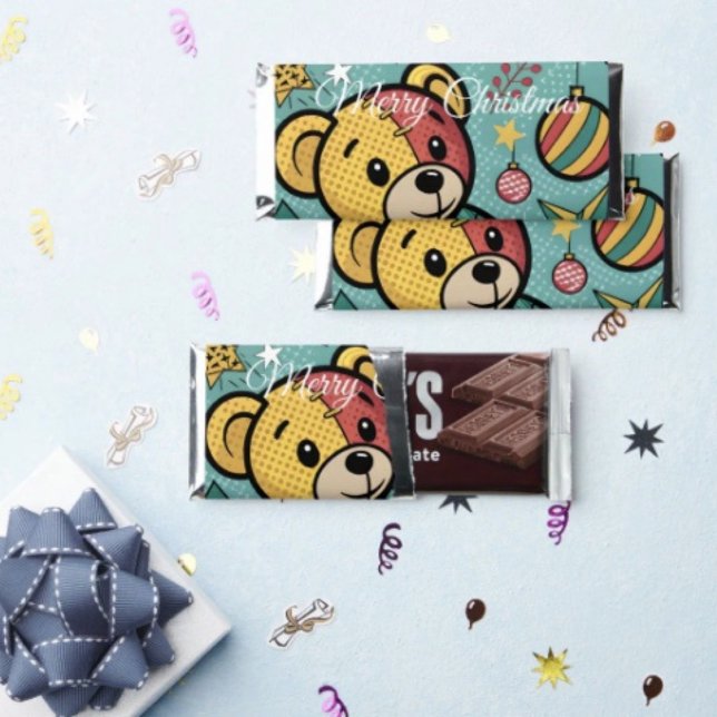 Whimsical Patchwork Christmas Teddy Bear Hershey Bar Favors (Proudly made in the USA. Standard 1.55 oz Hershey's Milk Chocolate Bar 5.5"w x 2.25"h Kosher ⓊD
	)