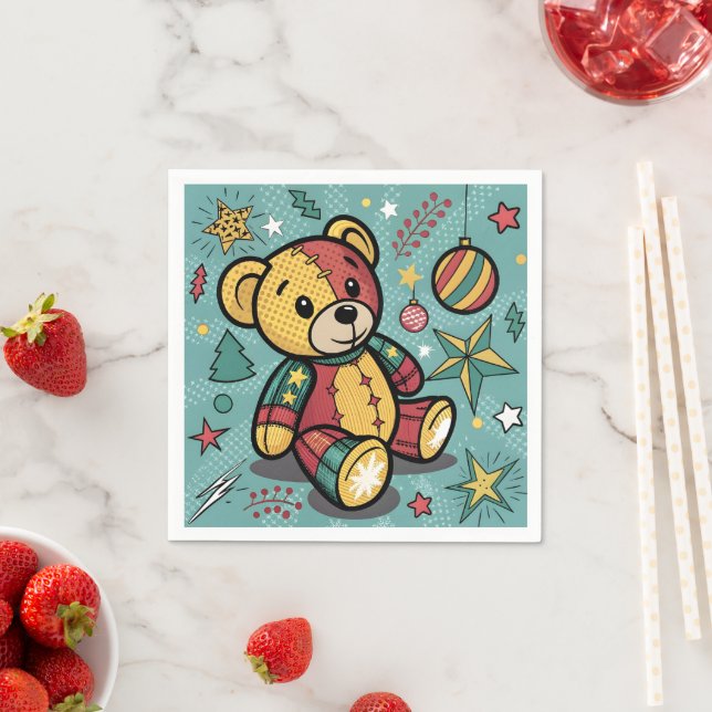 Whimsical Patchwork Christmas Teddy Bear Napkins (Insitu)