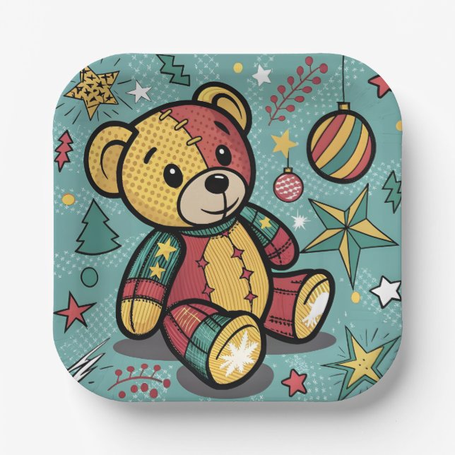 Whimsical Patchwork Christmas Teddy Bear Paper Plates (Front)