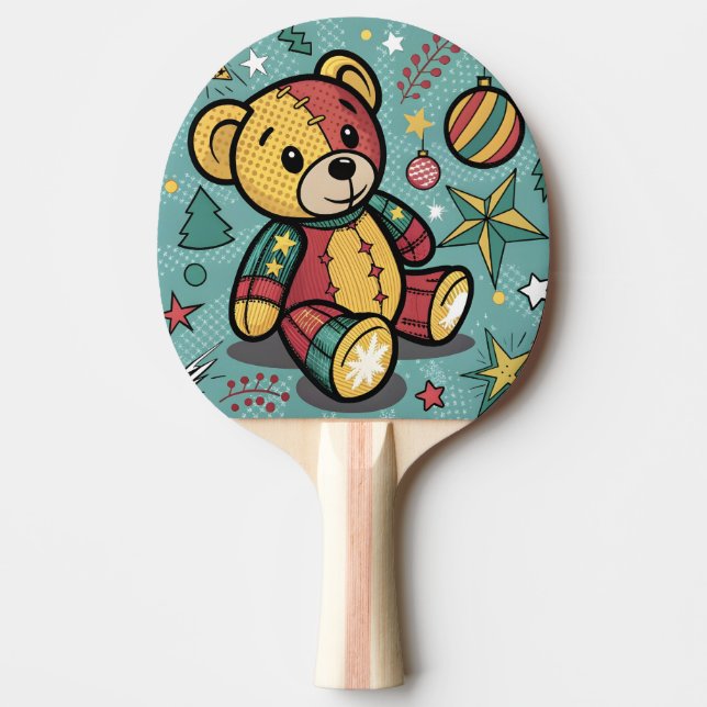 Whimsical Patchwork Christmas Teddy Bear Ping Pong Paddle (Front)