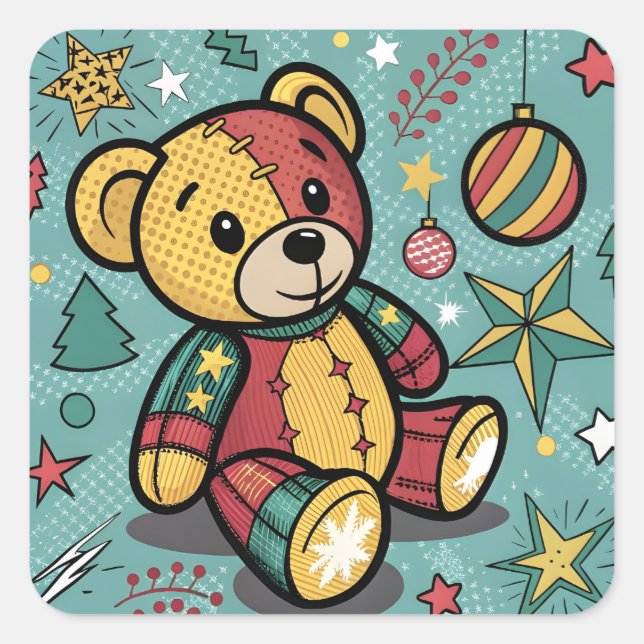 Whimsical Patchwork Christmas Teddy Bear Square Sticker (Front)