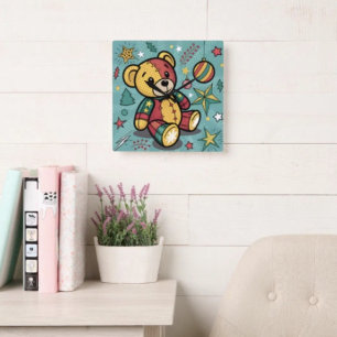Whimsical Patchwork Christmas Teddy Bear Square Wall Clock