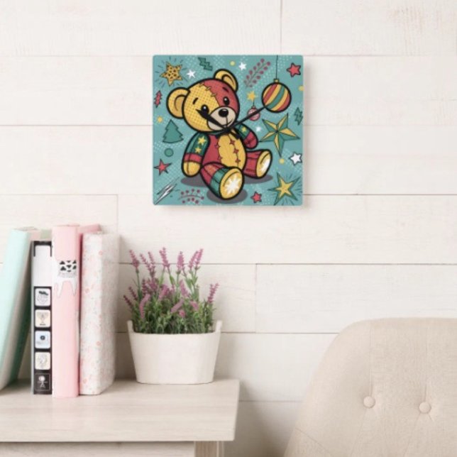 Whimsical Patchwork Christmas Teddy Bear Square Wall Clock (Wall Clock backside hanging slot  non-ticking design. 2 sizes: 8" diameter or 10.75" diameter.)