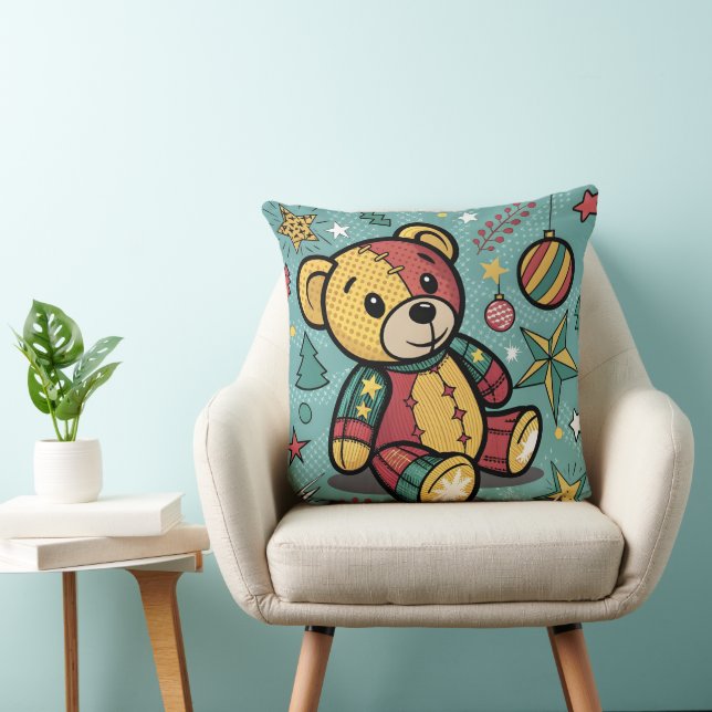 Whimsical Patchwork Christmas Teddy Bear Throw Pillow (Chair)