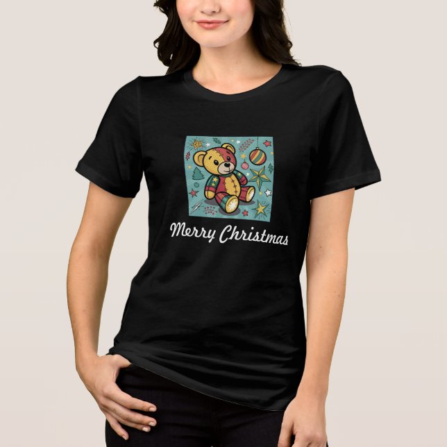 Whimsical Patchwork Christmas Teddy Bear Tri-Blend Shirt (Front)
