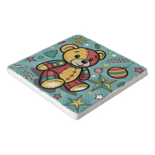 Whimsical Patchwork Christmas Teddy Bear Trivet