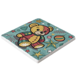 Whimsical Patchwork Christmas Teddy Bear Trivet