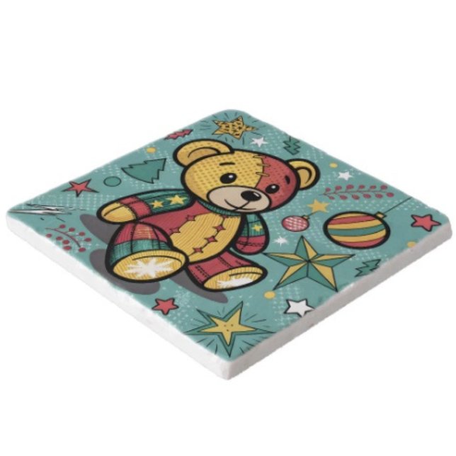 Whimsical Patchwork Christmas Teddy Bear Trivet (Stone trivet. Dimensions: 6" x6" two types of stone. Cork backing scratch free. )