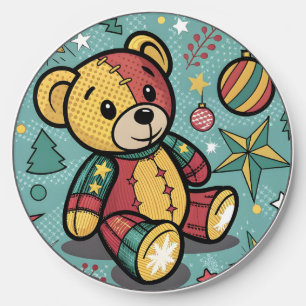 Whimsical Patchwork Christmas Teddy Bear Wireless Charger