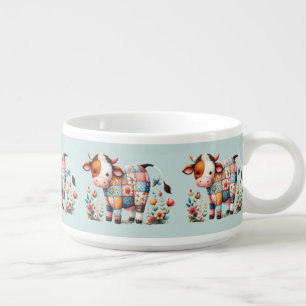 Whimsical Patchwork Cow With Floral Accents Bowl