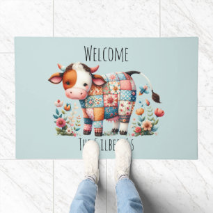 Whimsical Patchwork Cow With Floral Accents Doormat
