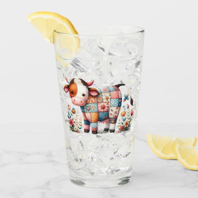 Whimsical Patchwork Cow With Floral Accents Glass (Front Ice)