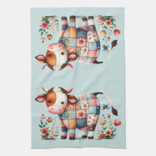 Whimsical Patchwork Cow With Floral Accents Kitchen Towel