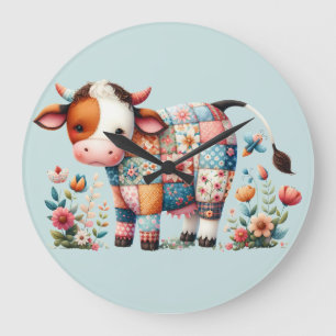 Whimsical Patchwork Cow With Floral Accents Large Clock