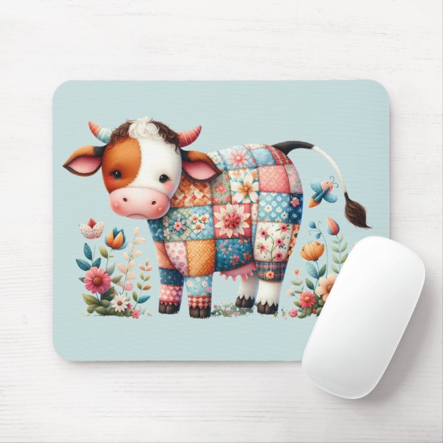 Whimsical Patchwork Cow With Floral Accents Mouse Pad (With Mouse)