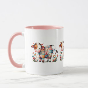 Whimsical Patchwork Cow With Floral Accents Mug