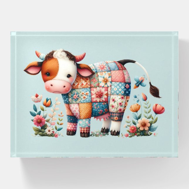 Whimsical Patchwork Cow With Floral Accents Paperweight (Front)