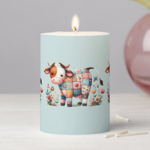 Whimsical Patchwork Cow With Floral Accents Pillar Candle