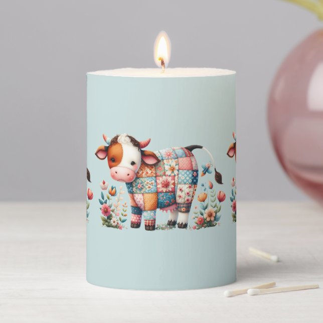 Whimsical Patchwork Cow With Floral Accents Pillar Candle (In Situ)