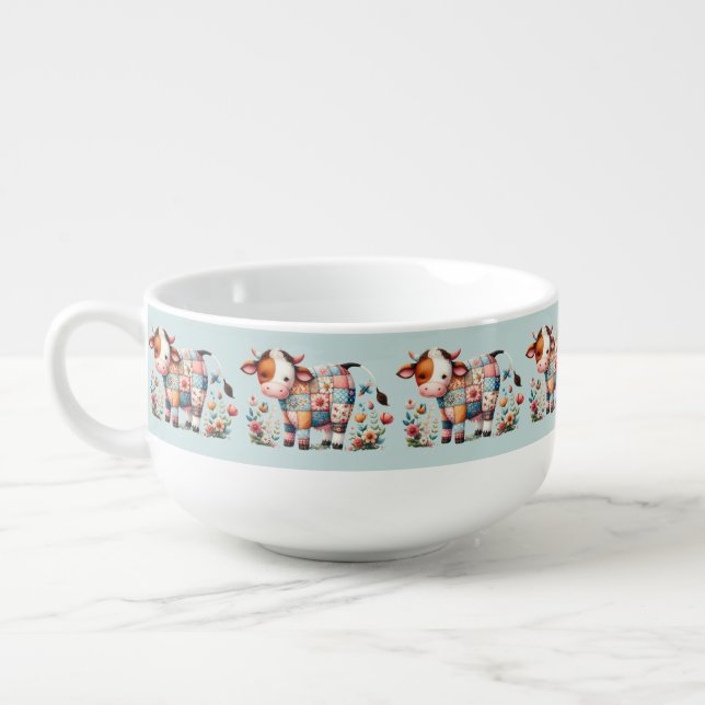 Whimsical Patchwork Cow With Floral Accents Soup Mug (Right)