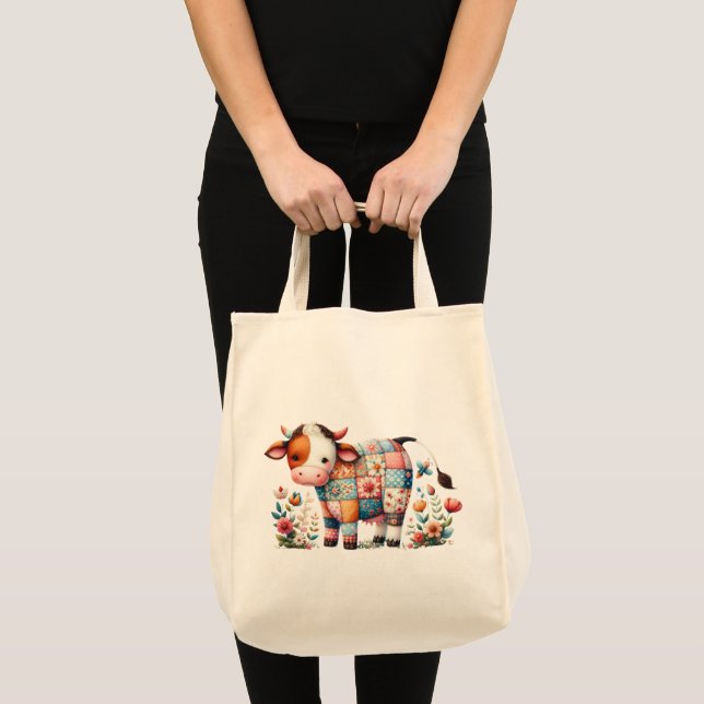 Whimsical Patchwork Cow With Floral Accents Tote Bag (Front (Product))
