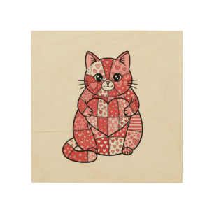 Whimsical Patchwork Kitten Holding Heart Art