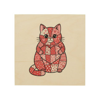 Whimsical Patchwork Kitten Holding Heart Art