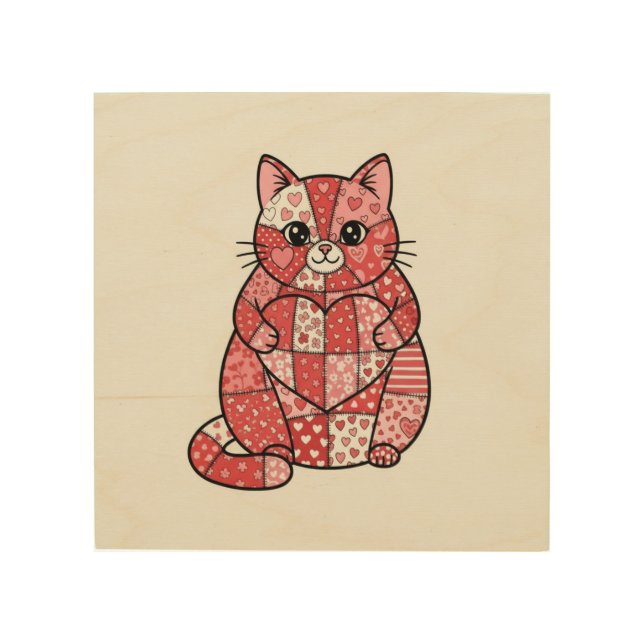 Whimsical Patchwork Kitten Holding Heart Art (Front)