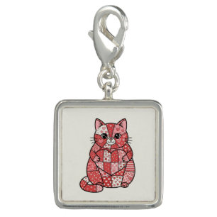 Whimsical Patchwork Kitten Holding Heart Art Charm