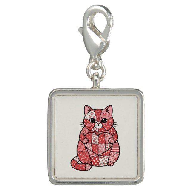 Whimsical Patchwork Kitten Holding Heart Art Charm (Front)