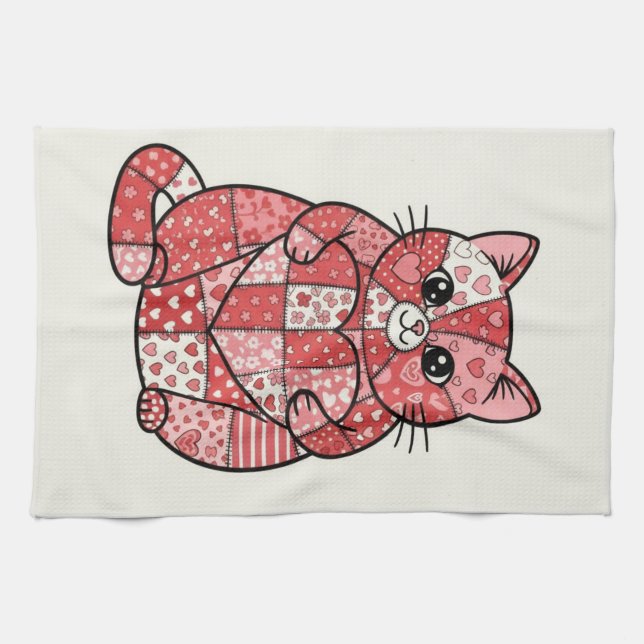 Whimsical Patchwork Kitten Holding Heart Art Kitchen Towel (Horizontal)