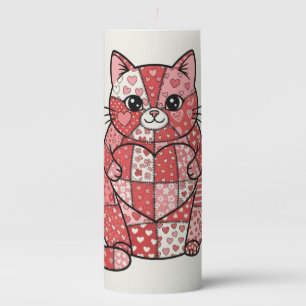 Whimsical Patchwork Kitten Holding Heart Art Pillar Candle