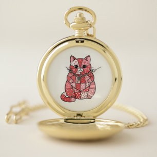 Whimsical Patchwork Kitten Holding Heart Art Pocket Watch