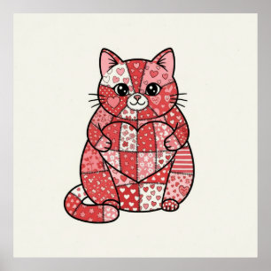 Whimsical Patchwork Kitten Holding Heart Art Poster