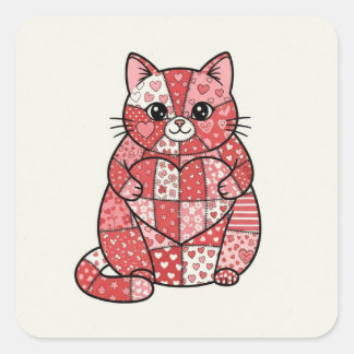 Whimsical Patchwork Kitten Holding Heart Art Square Sticker