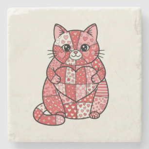 Whimsical Patchwork Kitten Holding Heart Art Stone Coaster