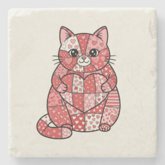 Whimsical Patchwork Kitten Holding Heart Art Stone Coaster