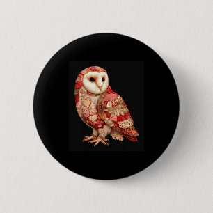 Whimsical Patchwork Owl With Hearts Pattern Button
