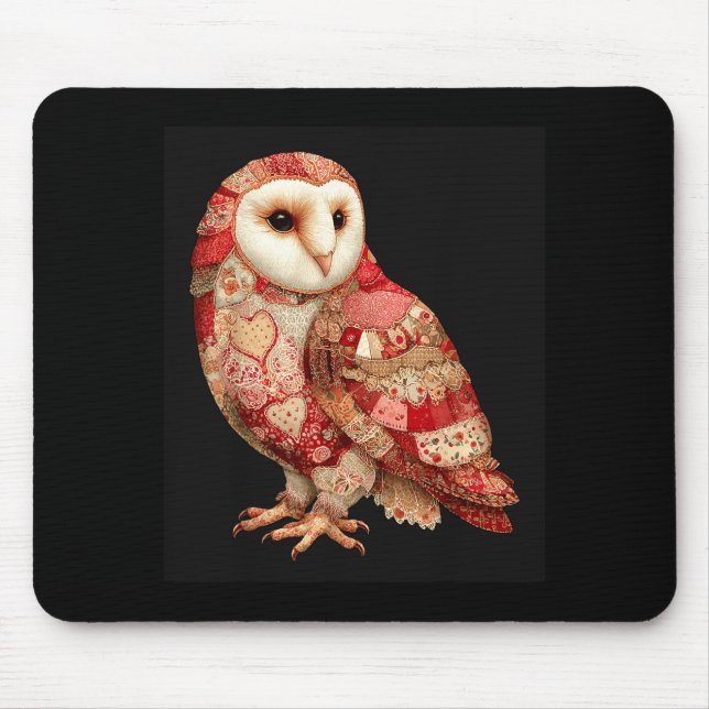 Whimsical Patchwork Owl With Hearts Pattern  Mouse Pad (Front)