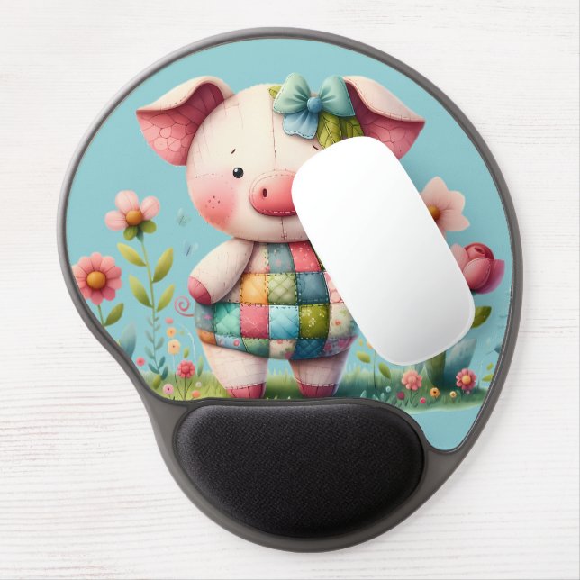Whimsical Patchwork Pig in Floral Garden Gel Mouse Pad (Left Side)
