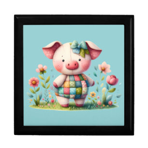 Whimsical Patchwork Pig in Floral Garden Gift Box