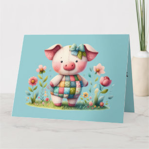 Whimsical Patchwork Pig in Floral Garden Letterpress Thank You Card