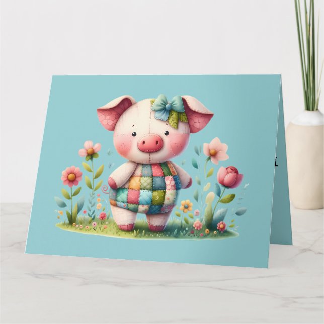 Whimsical Patchwork Pig in Floral Garden Letterpress Thank You Card (Front)