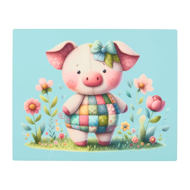 Whimsical Patchwork Pig in Floral Garden Metal Print (Front)