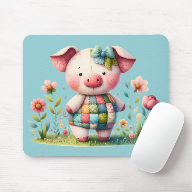 Whimsical Patchwork Pig in Floral Garden Mouse Pad (With Mouse)
